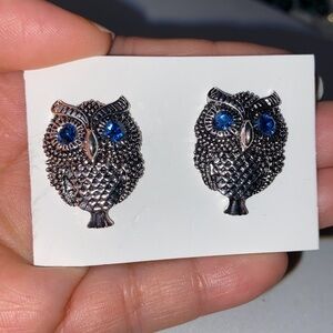 Statement Owl Earrings Silver Tone with Blue Glass Eyes